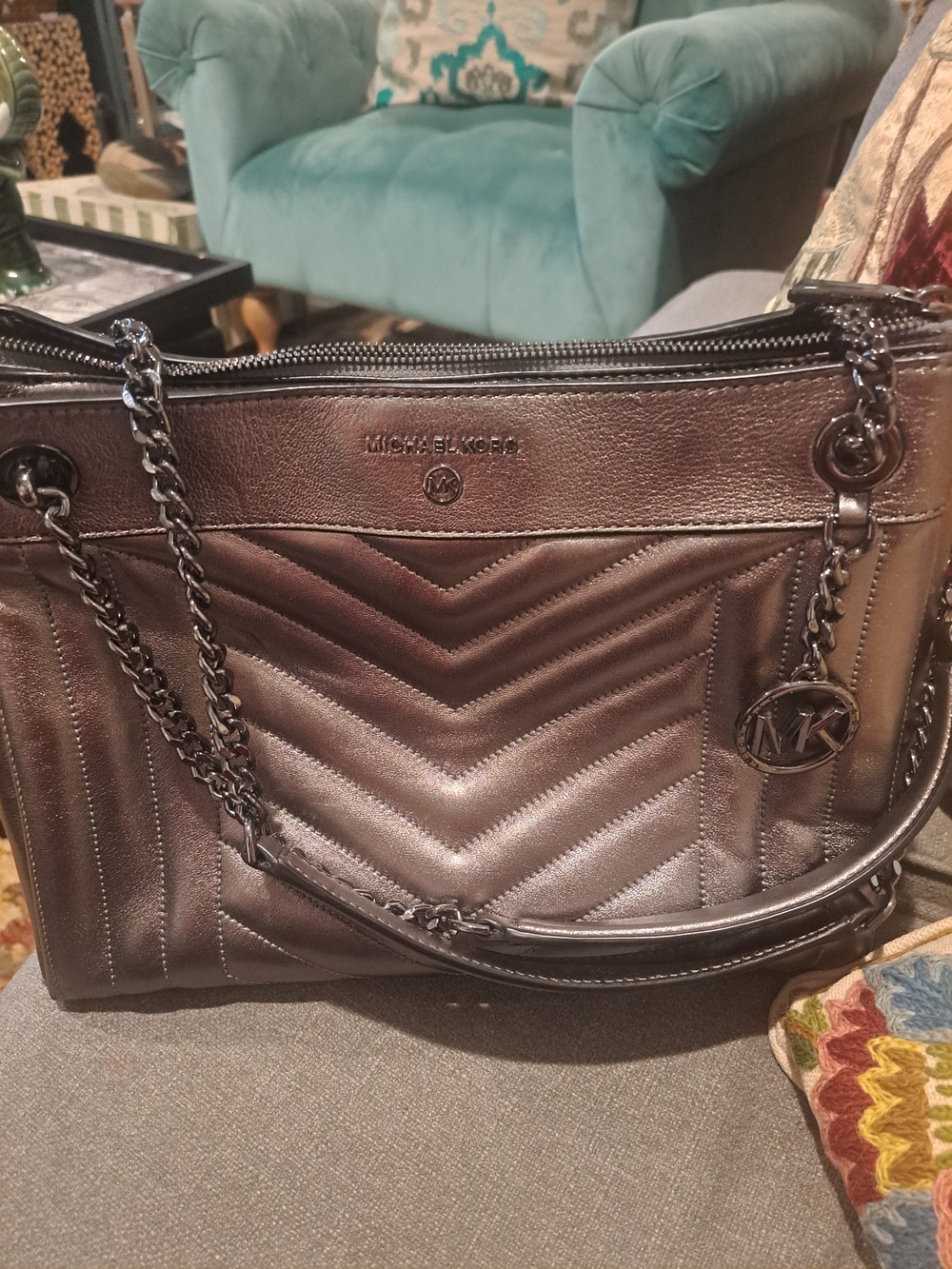 Michael Kors Metallic Gray Quilted Tote Bag